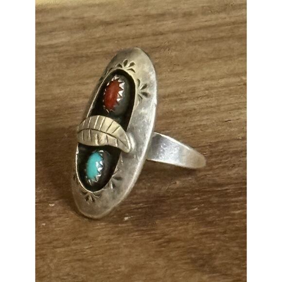 Vintage Navajo Native American Sterling Silver Coral & Turquoise Leaf Ring Sz 7 - Picture 2 of 6